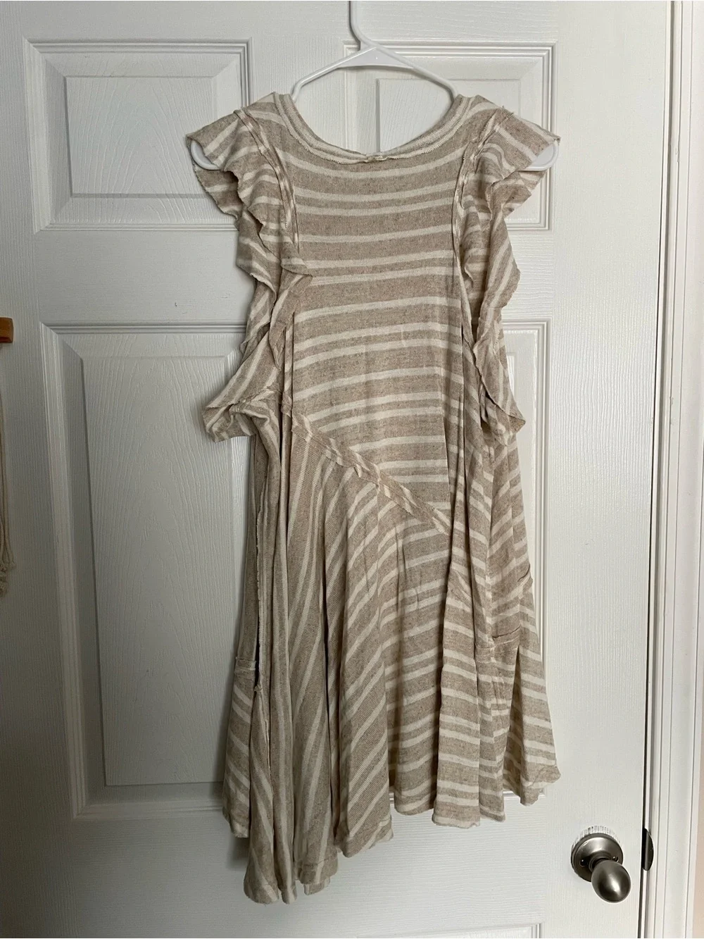 Free People size Small Linen Blend Striped Beige & White Ruffle Hem Mini Dress